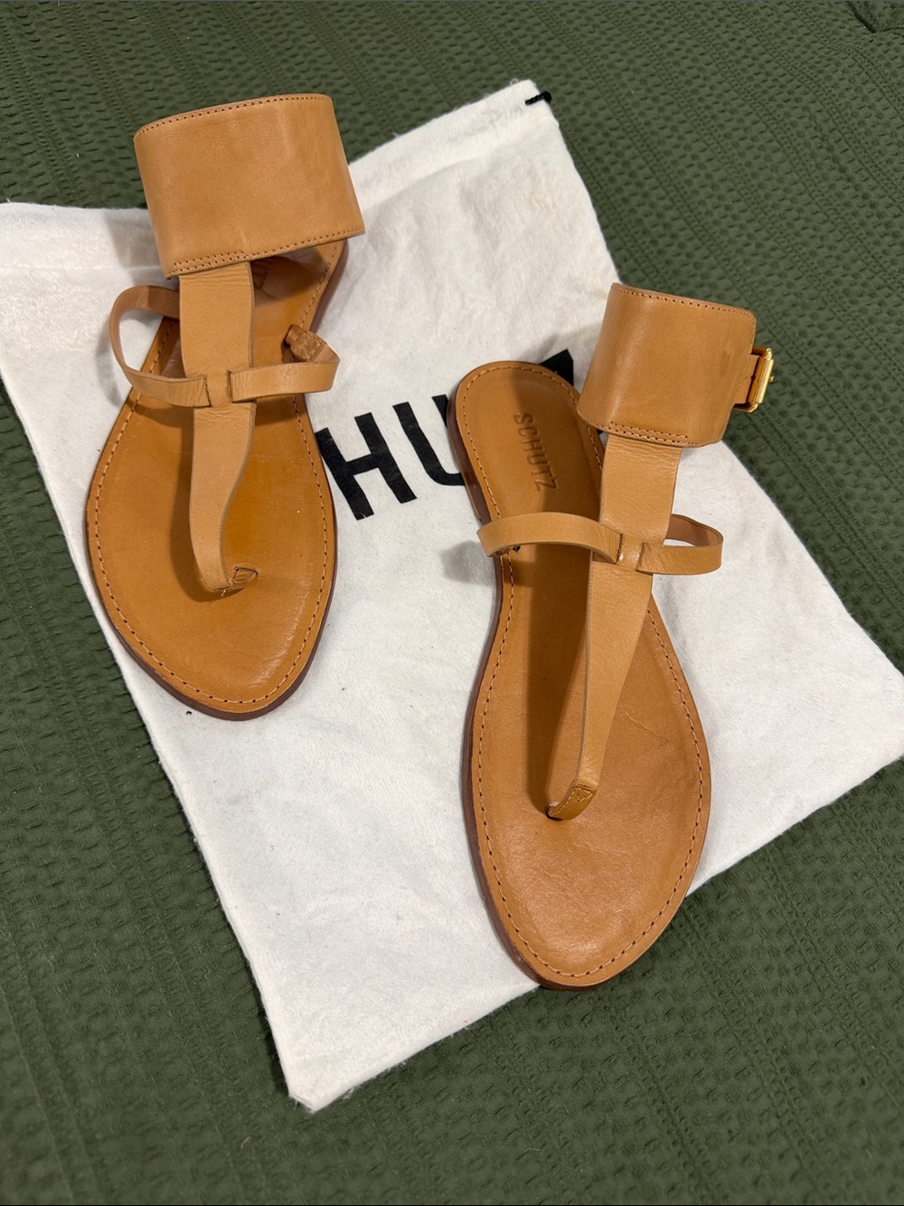 SCHUTZ Cognac Leather Thong Sandals with Wide Ankle Cuff